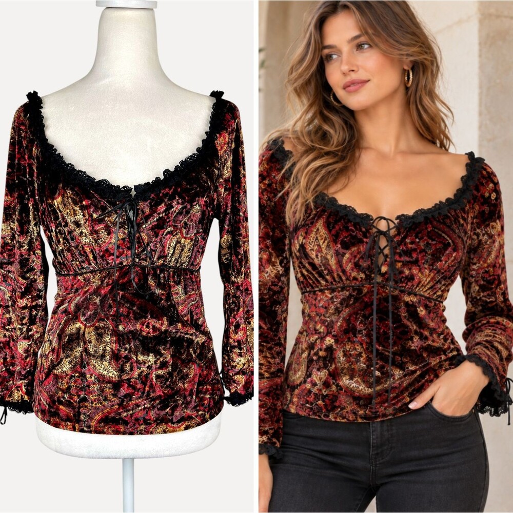 Vintage Y2K Rampage Velvet Paisley Corset Top Lace-Up Whimsigoth Sz M